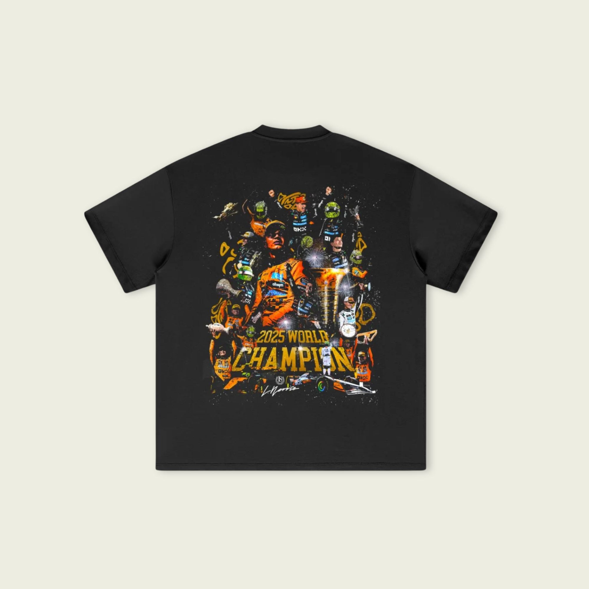 Black t-shirt with colorful graphic design on a beige background