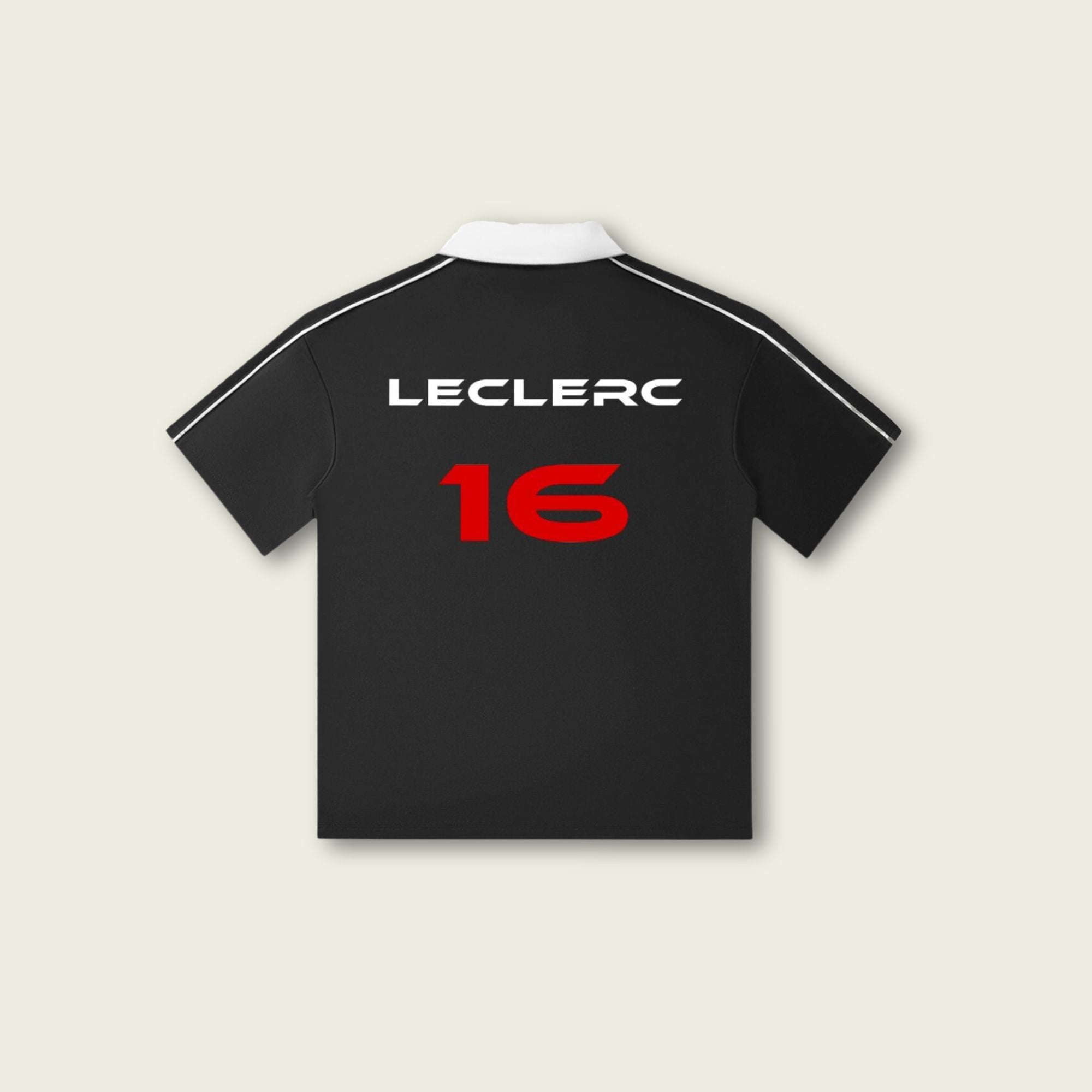 Black sports jersey with 'LECLERC' and number '16' on a beige background