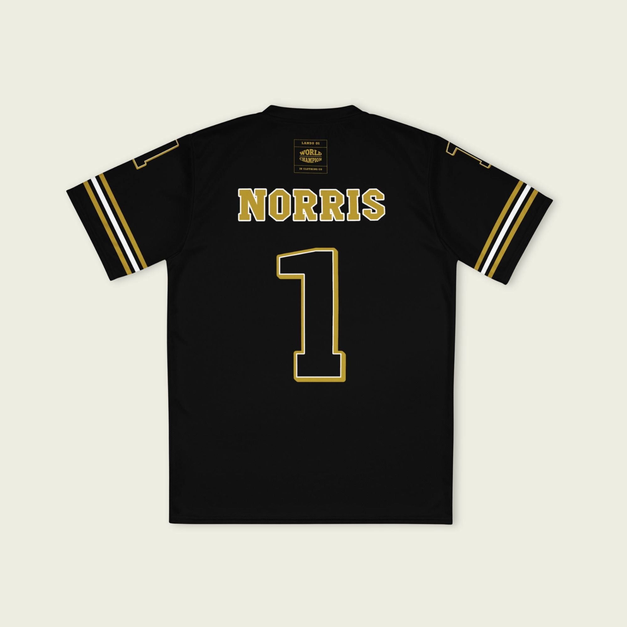 Black sports jersey with 'Norris' and number '1' on a beige background