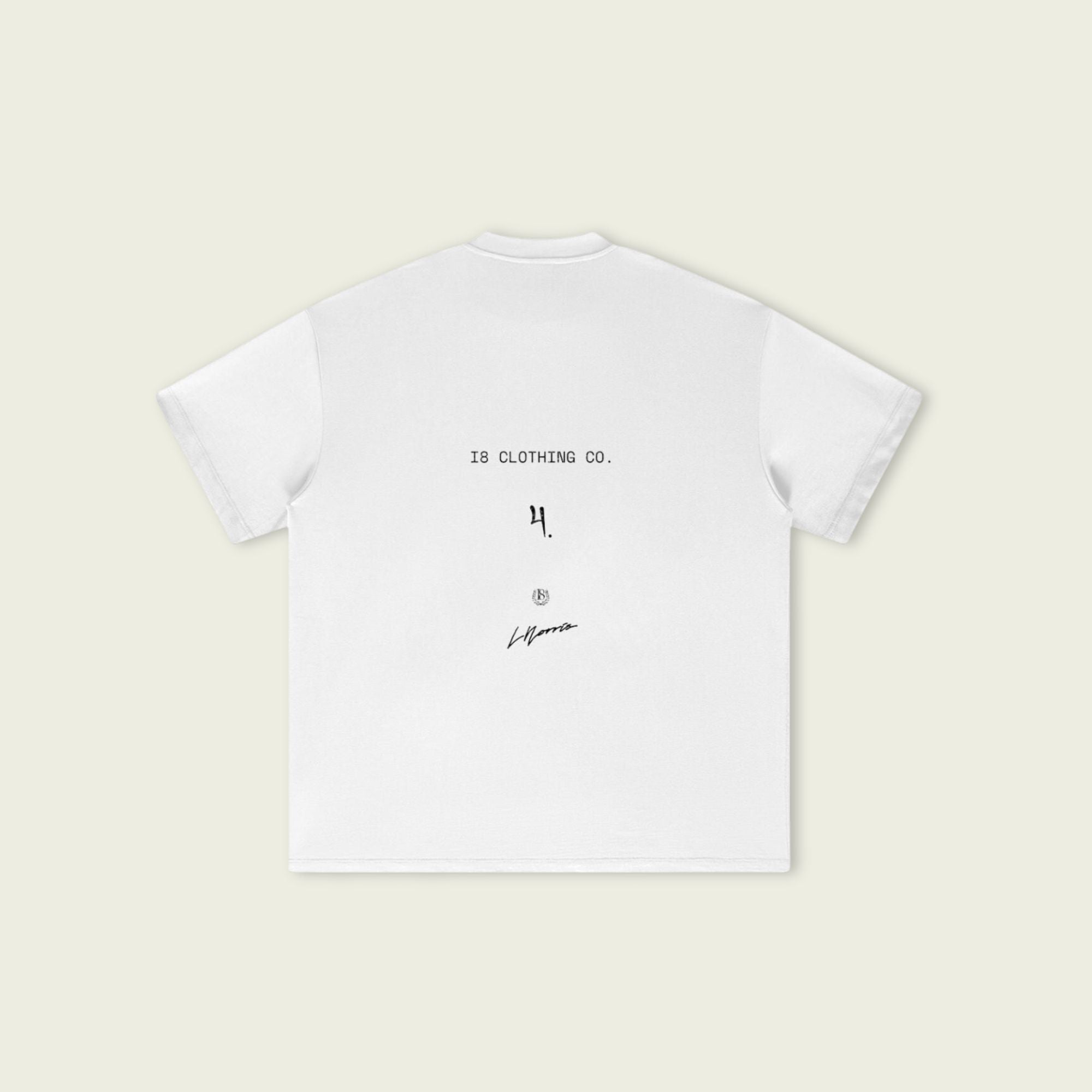 White t-shirt with black text and logo on a beige background