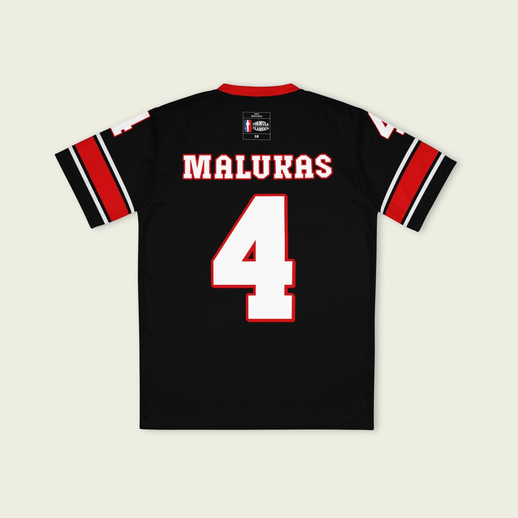 A black and red football jersey with David Malukas Indycar racing number 4 in white with a red outline.