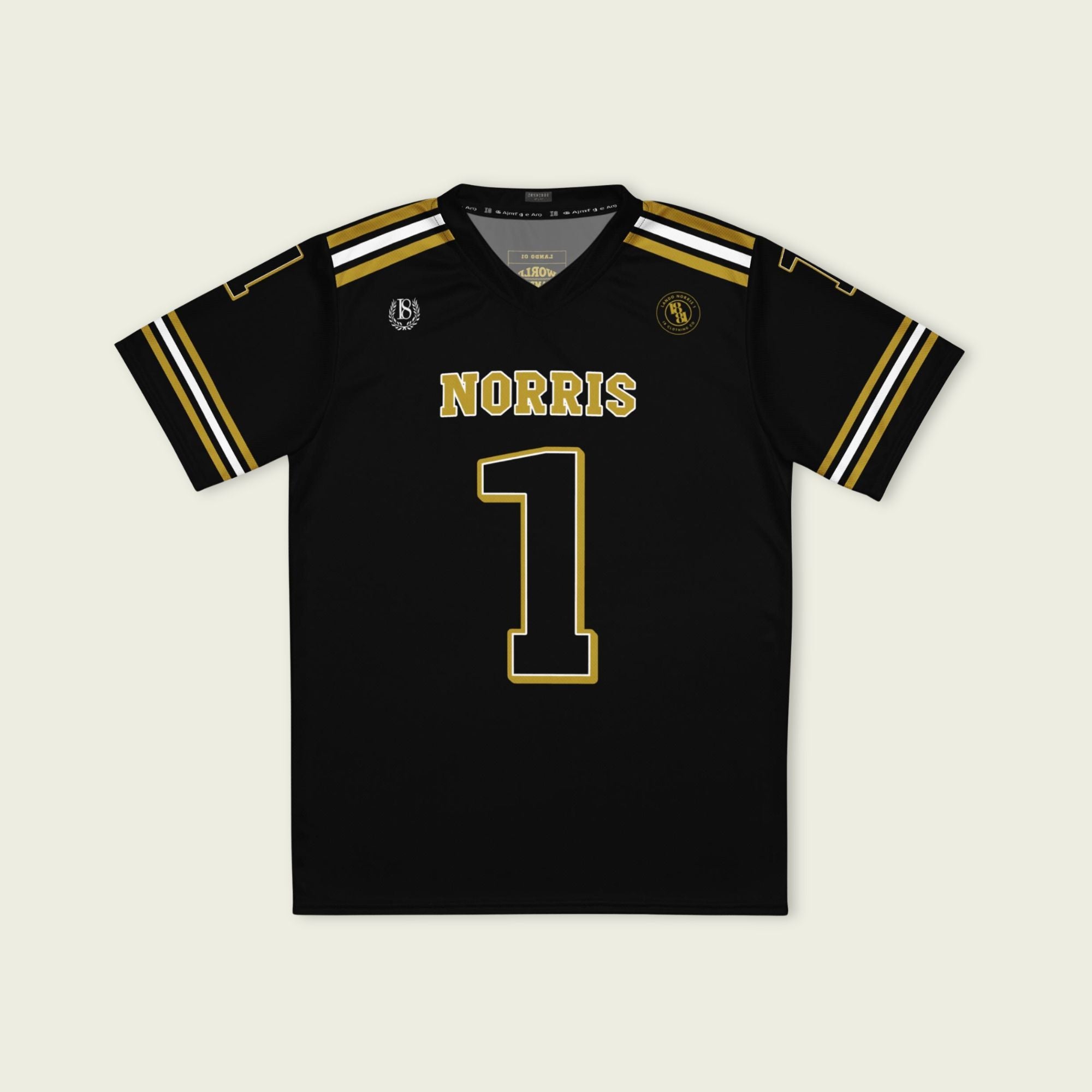 Black sports jersey with 'Norris' and number '1' on a beige background