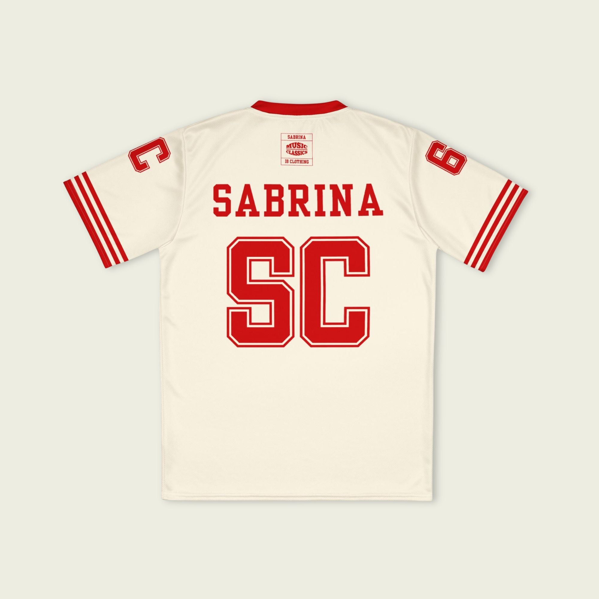 Beige sports jersey with red lettering and accents on a light gray background