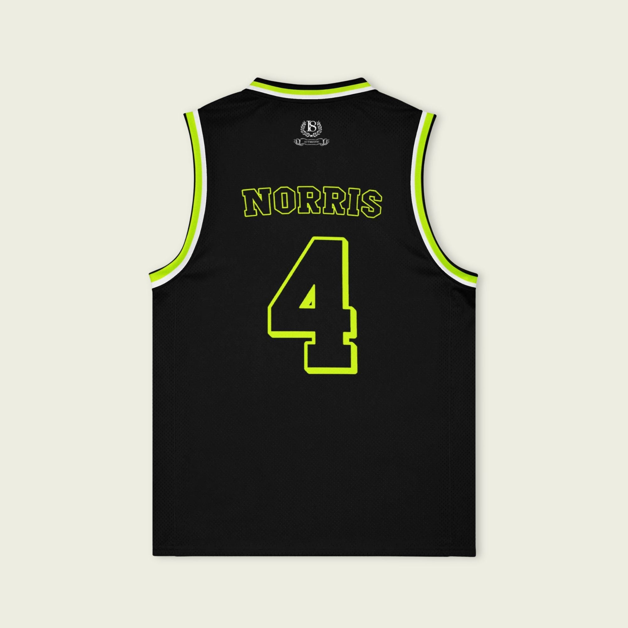 Black basketball jersey with 'Norris' and number '4' on a light gray background