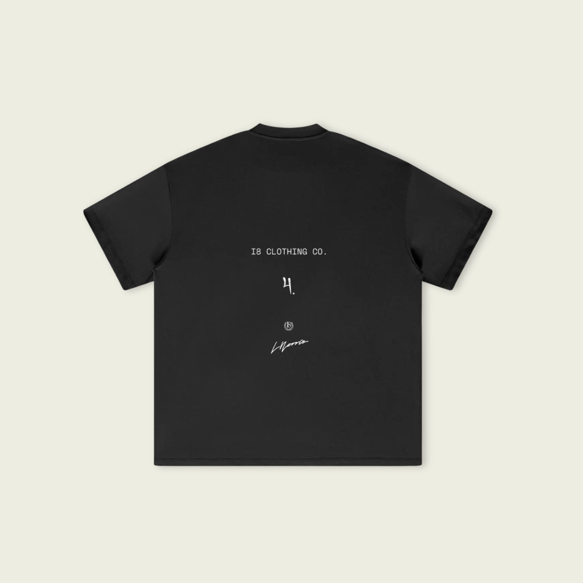 Black t-shirt with white text on a beige background