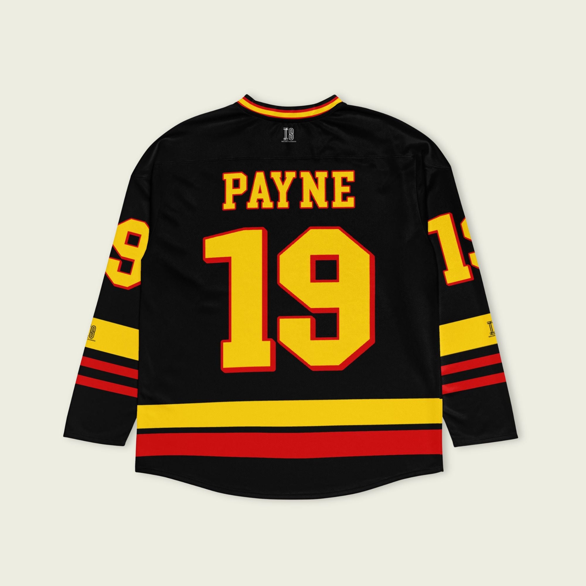 Black hockey jersey with yellow and red accents featuring the name 'PAYNE' and number '19'.