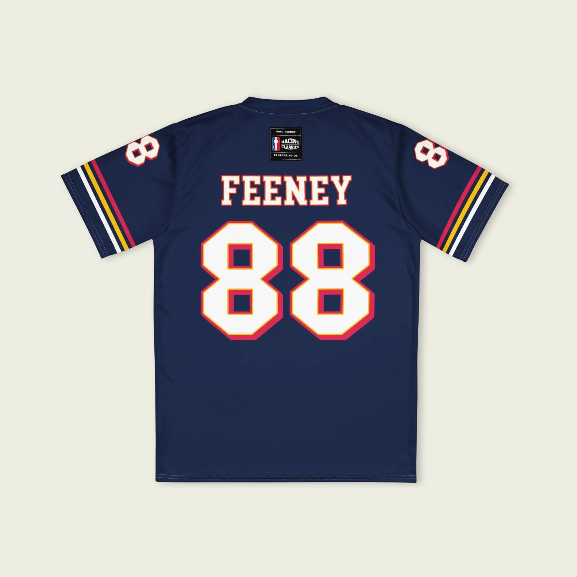 Navy blue sports jersey with 'Feeney 88' printed on the back against a beige background