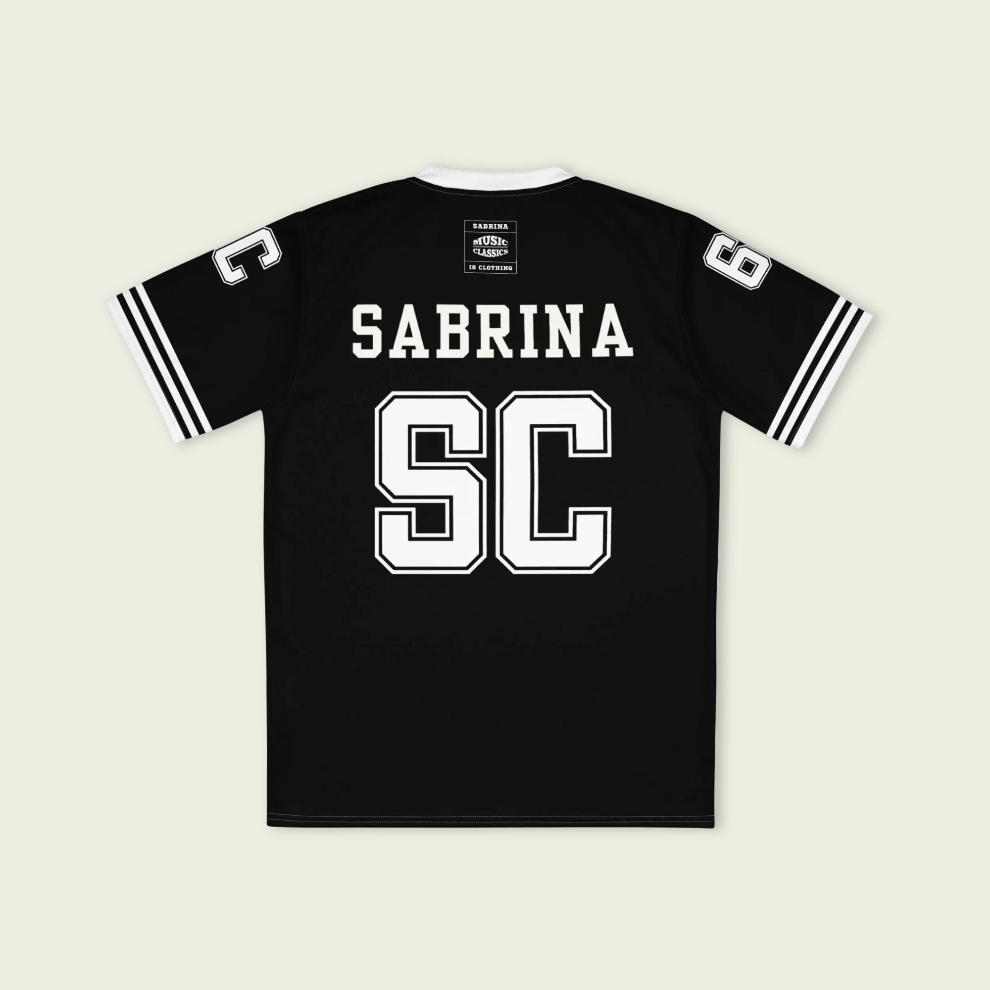 Black t-shirt with 'Sabrina SC' printed on a beige background
