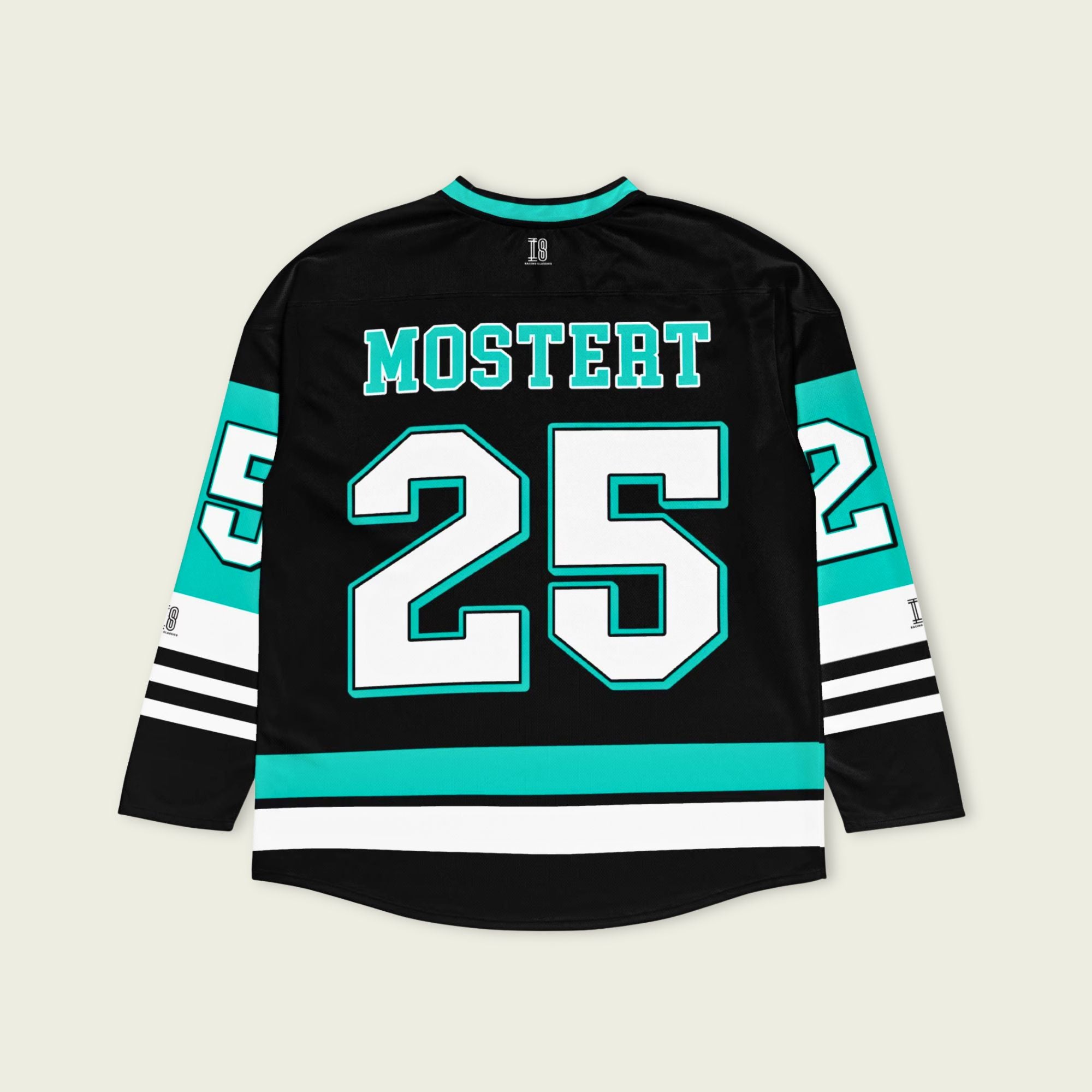 Black hockey jersey with teal and white accents, featuring the name 'Mostert' and number '25'.