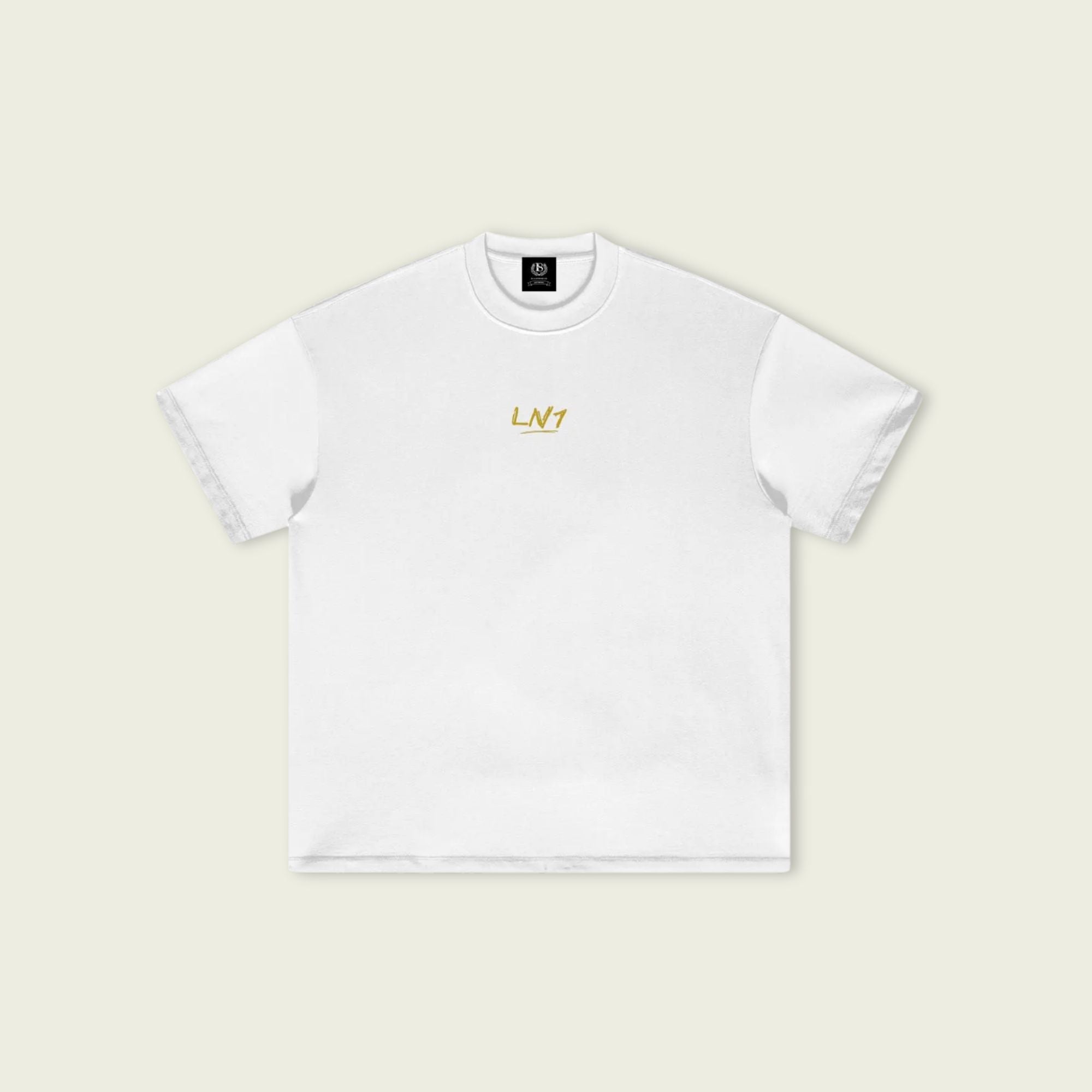 White t-shirt with a logo on a beige background