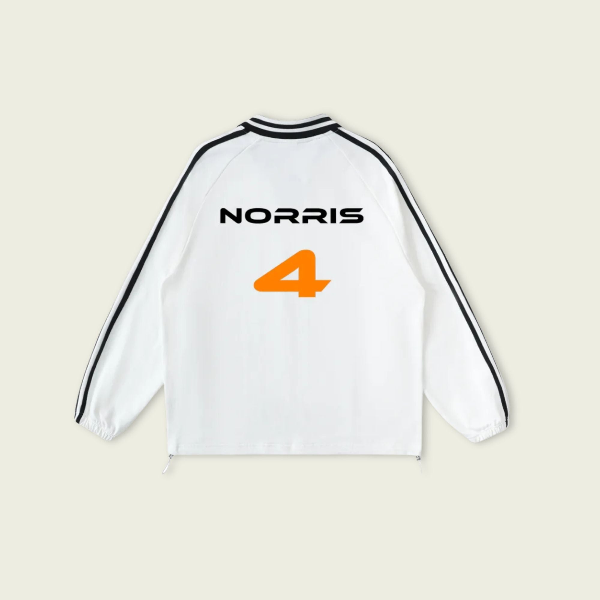 White long-sleeve shirt with 'NORRIS' and number '4' on a beige background