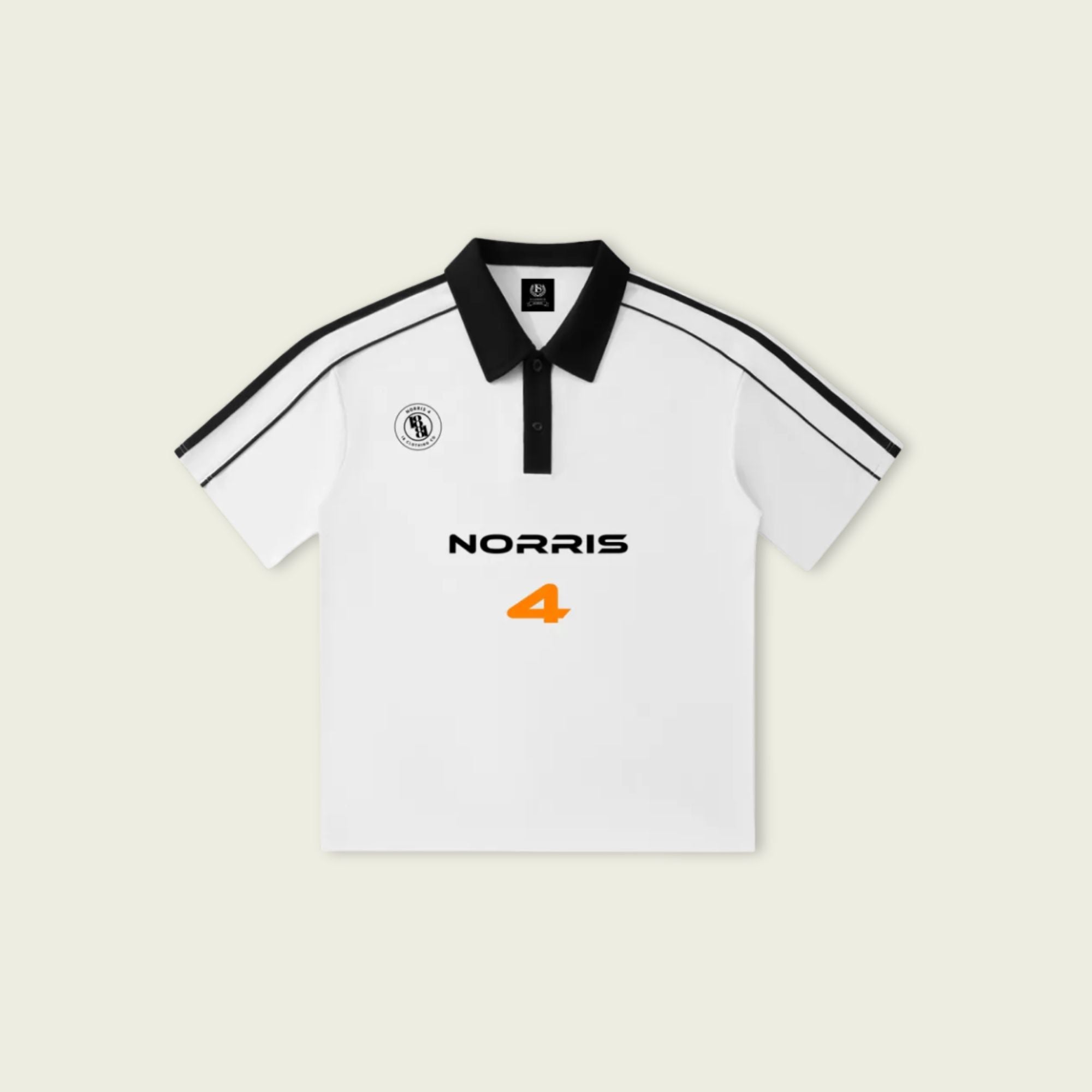 White polo shirt with black accents and 'Norris 4' branding on a light beige background
