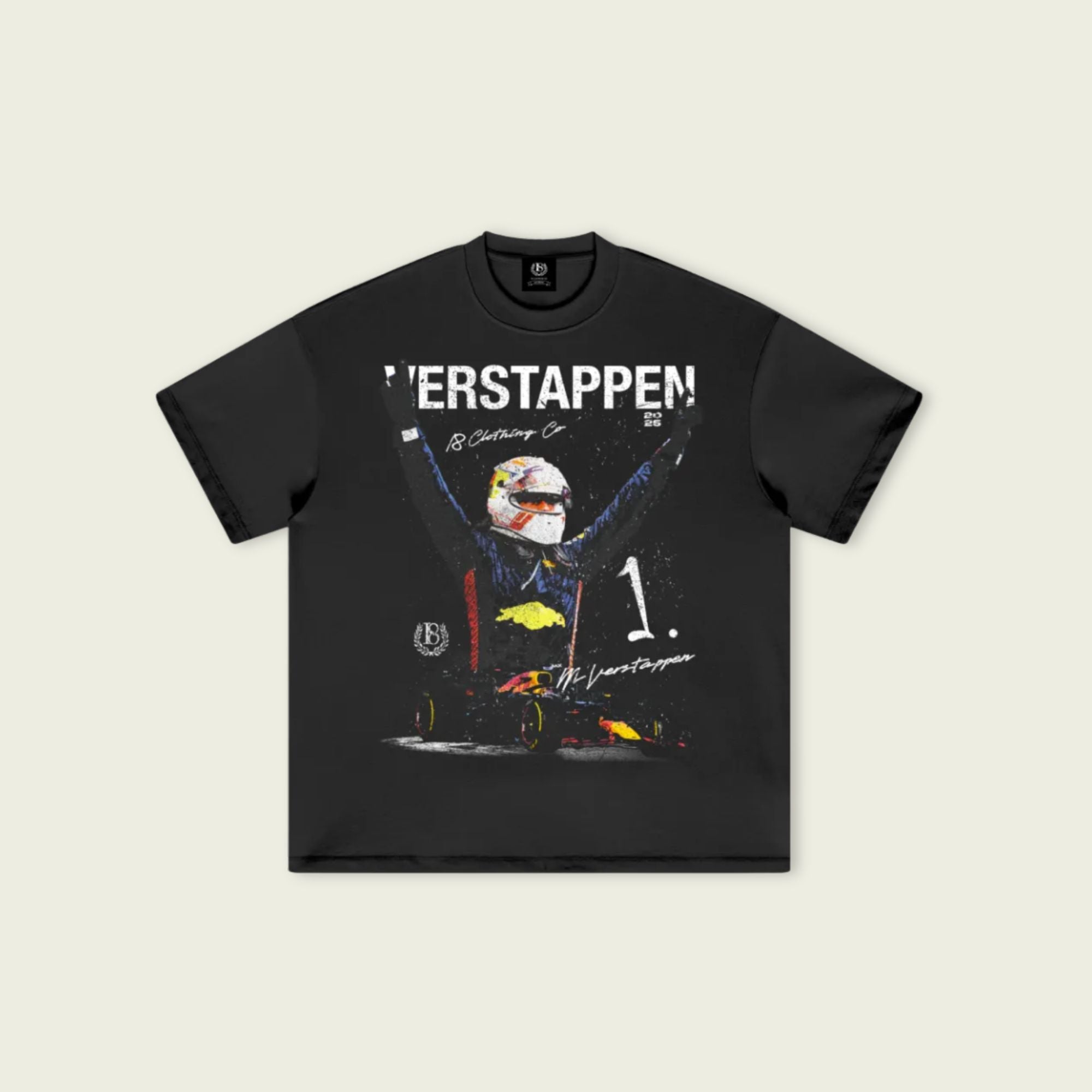 Black t-shirt with a graphic design of a racing driver and 'Verstappen' text on a beige background
