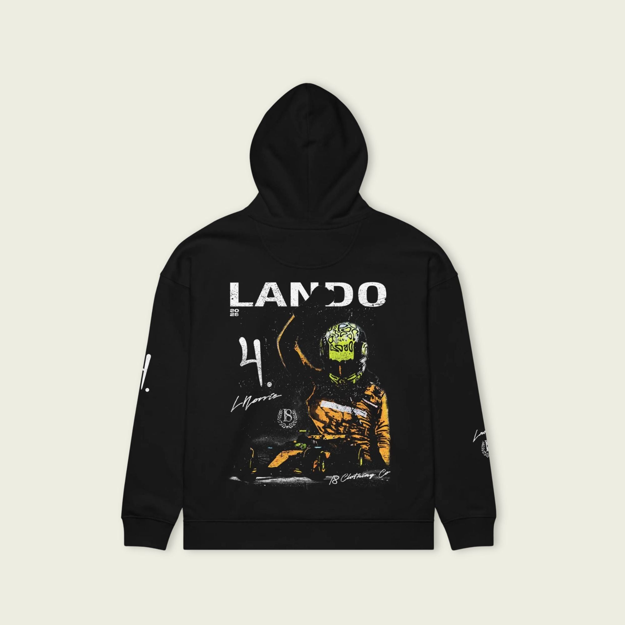 Black hoodie with a graphic of a person in a racing suit and 'LANDO' text on a beige background