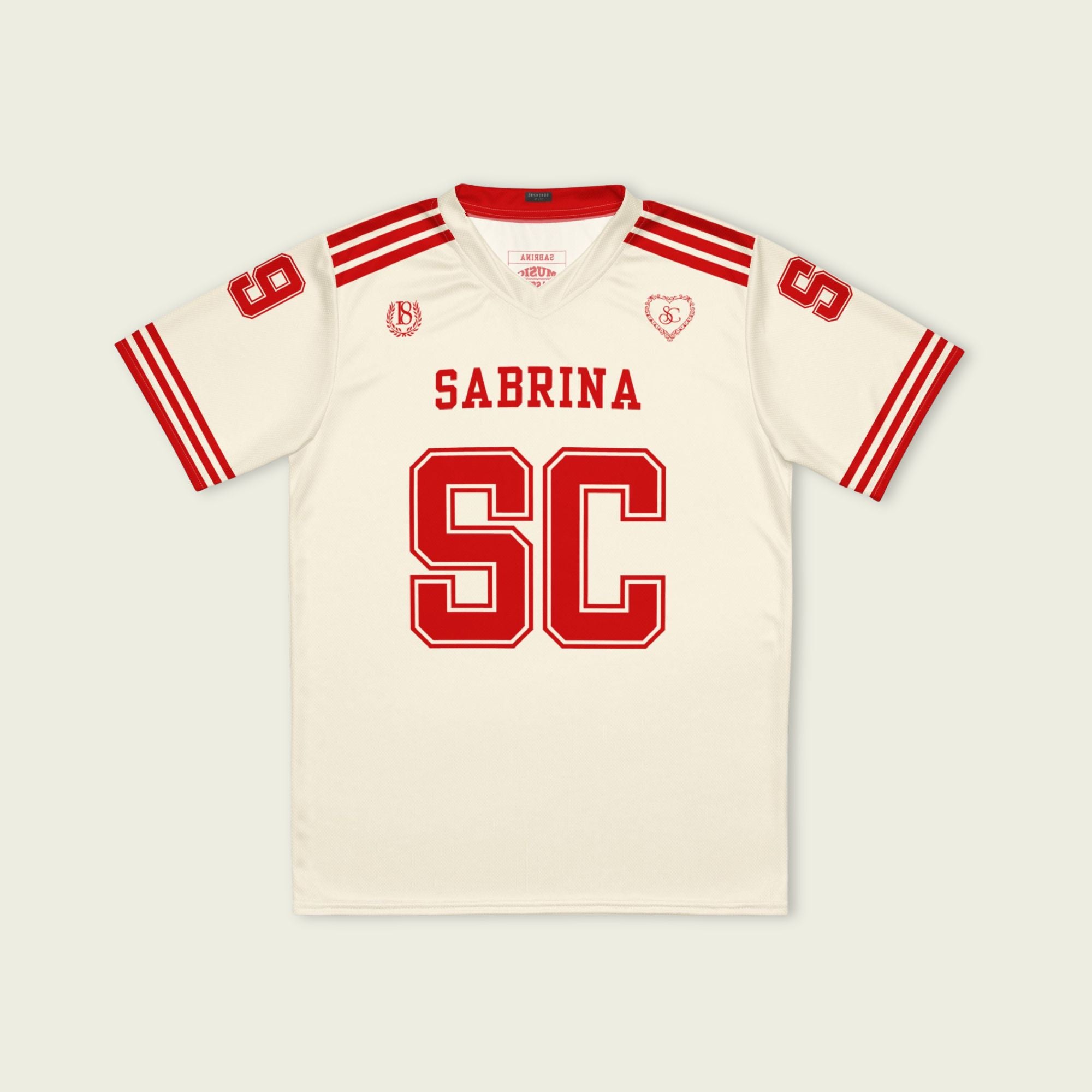 Beige sports jersey with red lettering and accents on a beige background