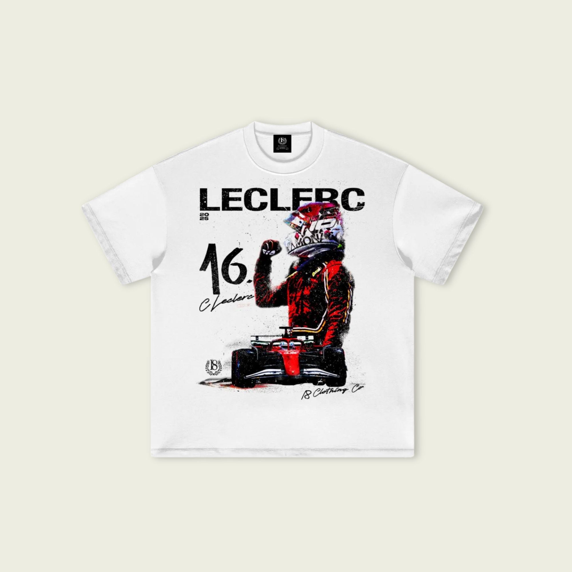 White t-shirt with Formula 1 driver graphic and 'LECLERC' text on a beige background