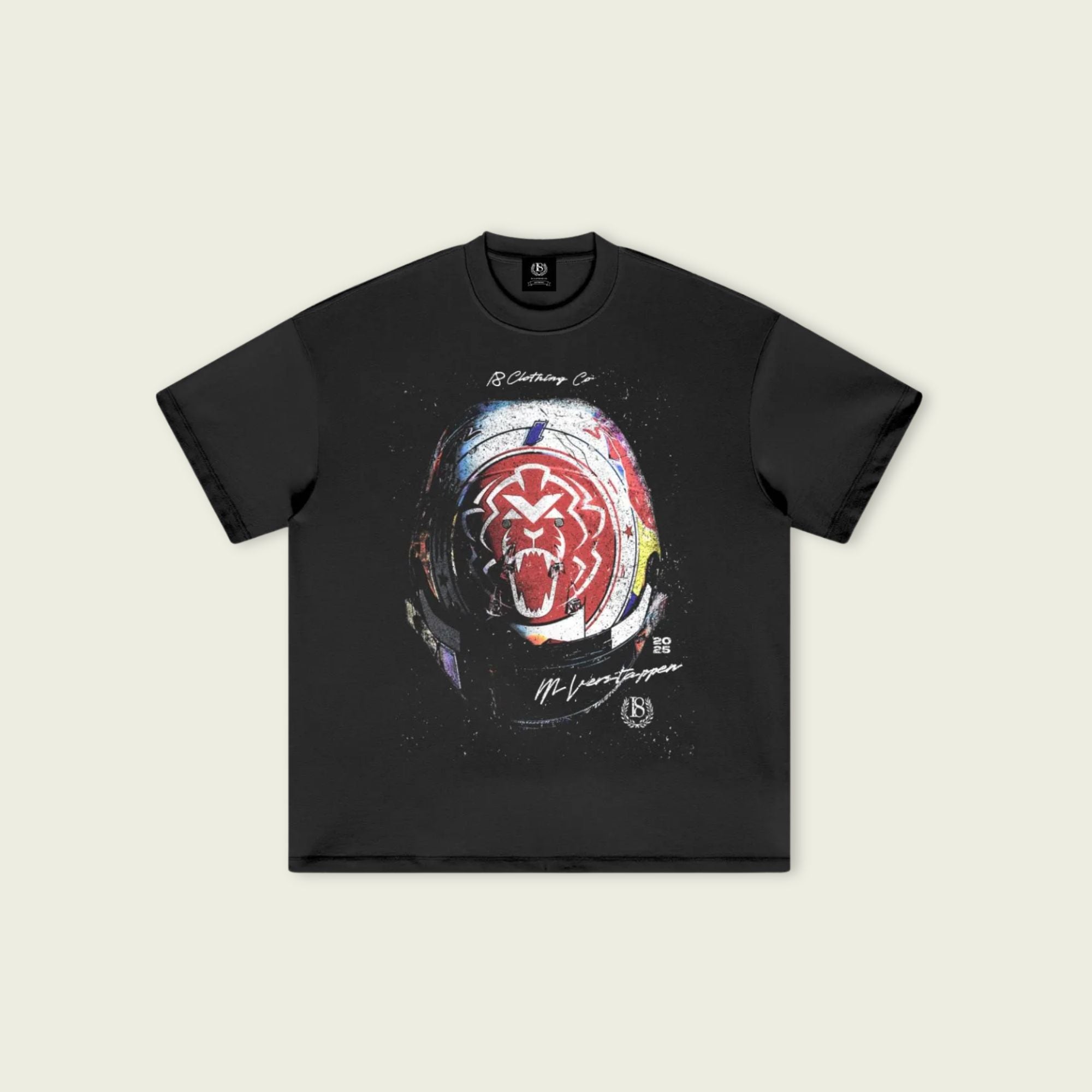 Black t-shirt with a colorful graphic design on a beige background