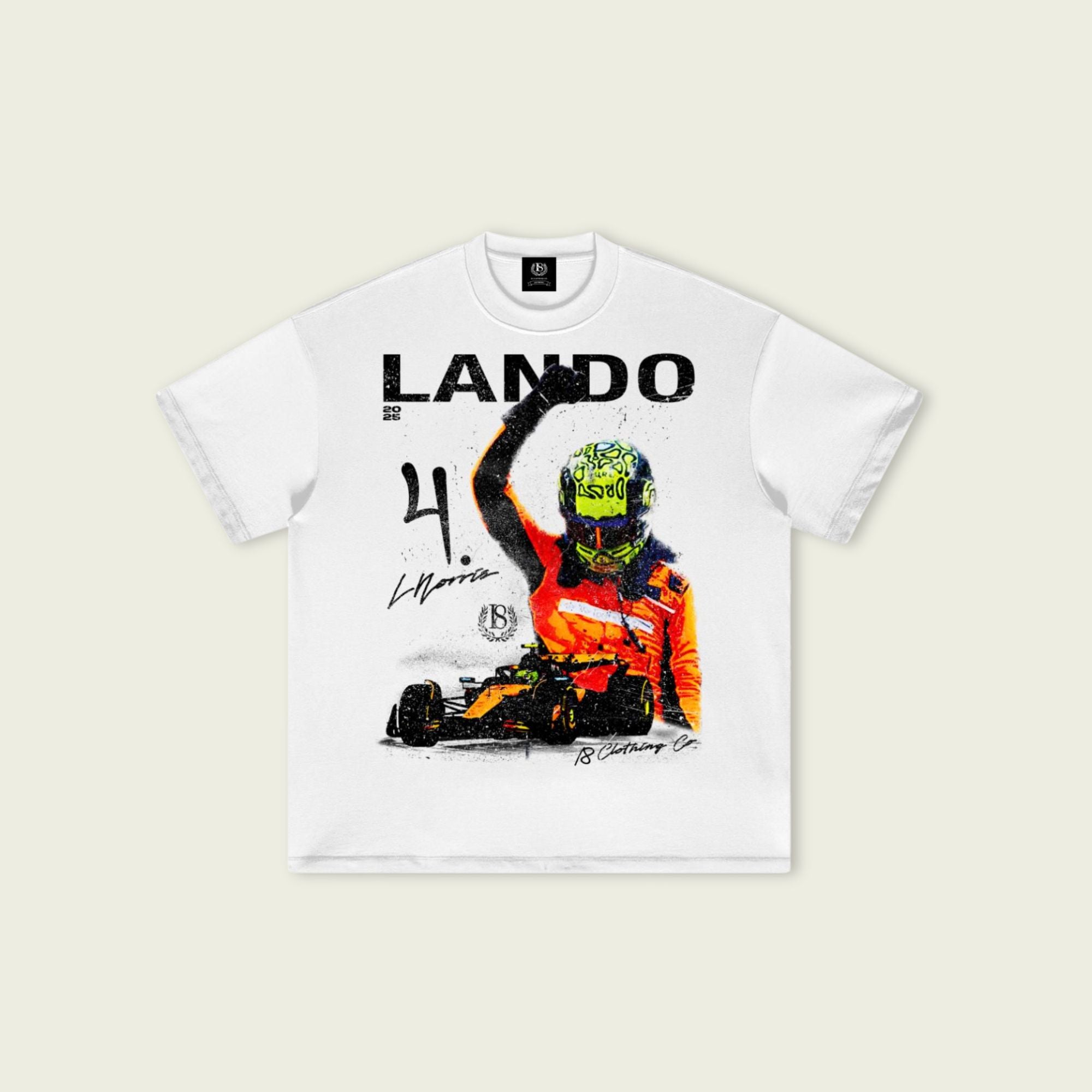 White t-shirt with a graphic of a person in a racing suit and helmet, with 'Lando' and number '44' printed on it.