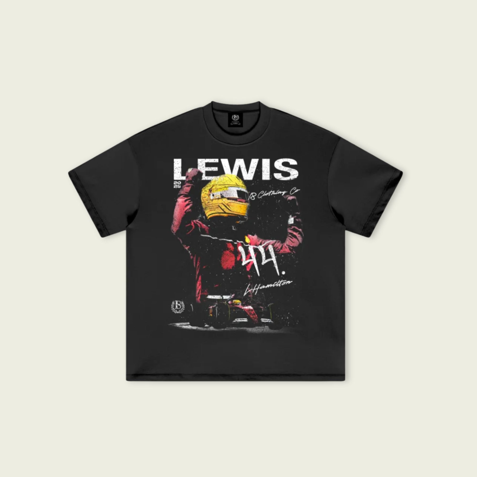 Black t-shirt with a graphic of a person in a racing suit and helmet, with 'LEWIS' and number '44' printed on it.