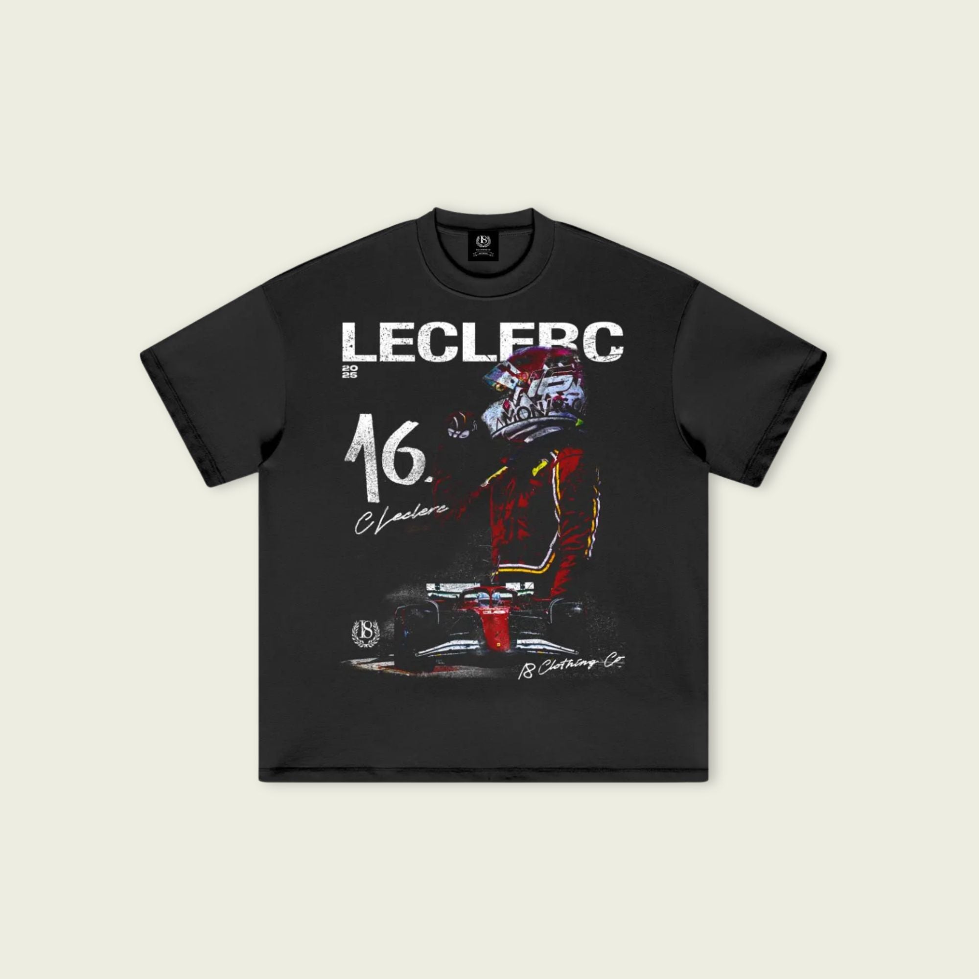 Black t-shirt with racing car and driver graphic on a beige background
