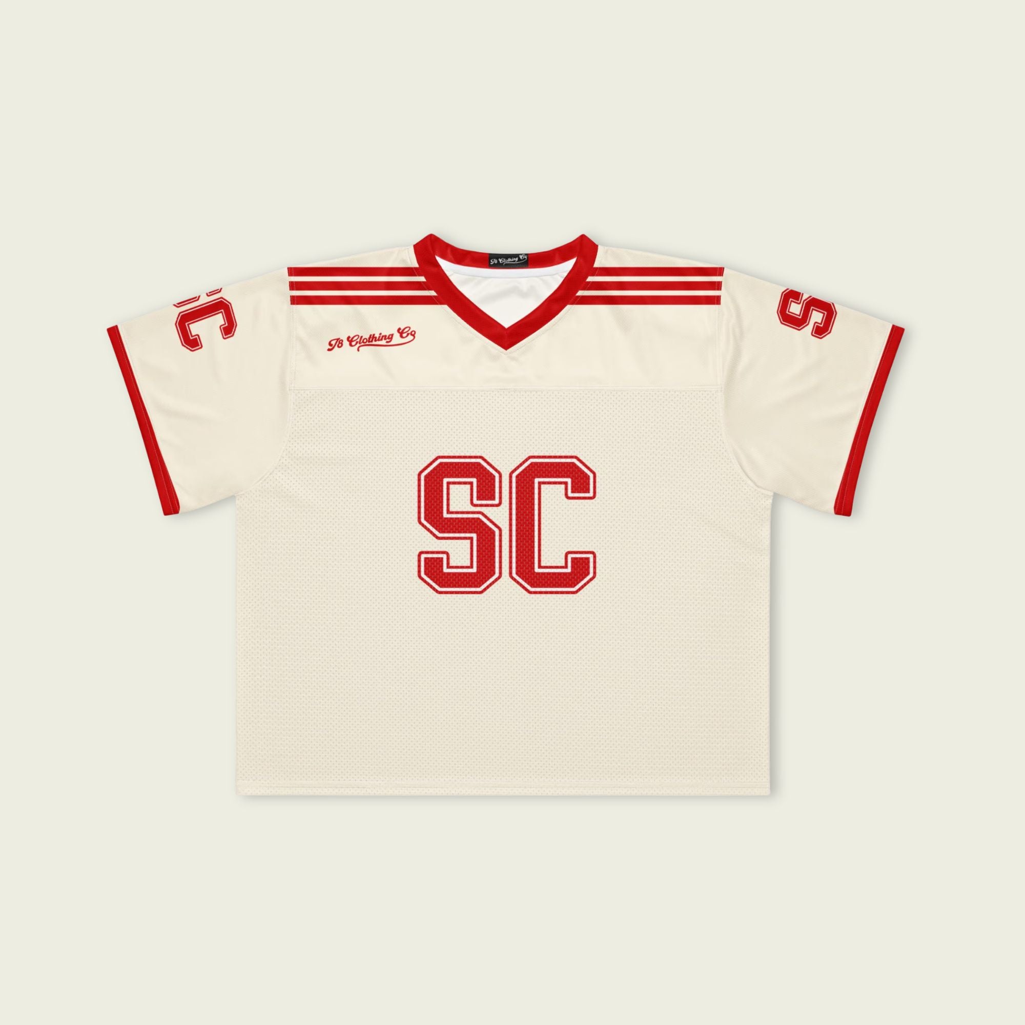 Vintage-style sports jersey with 'SC' on a beige background