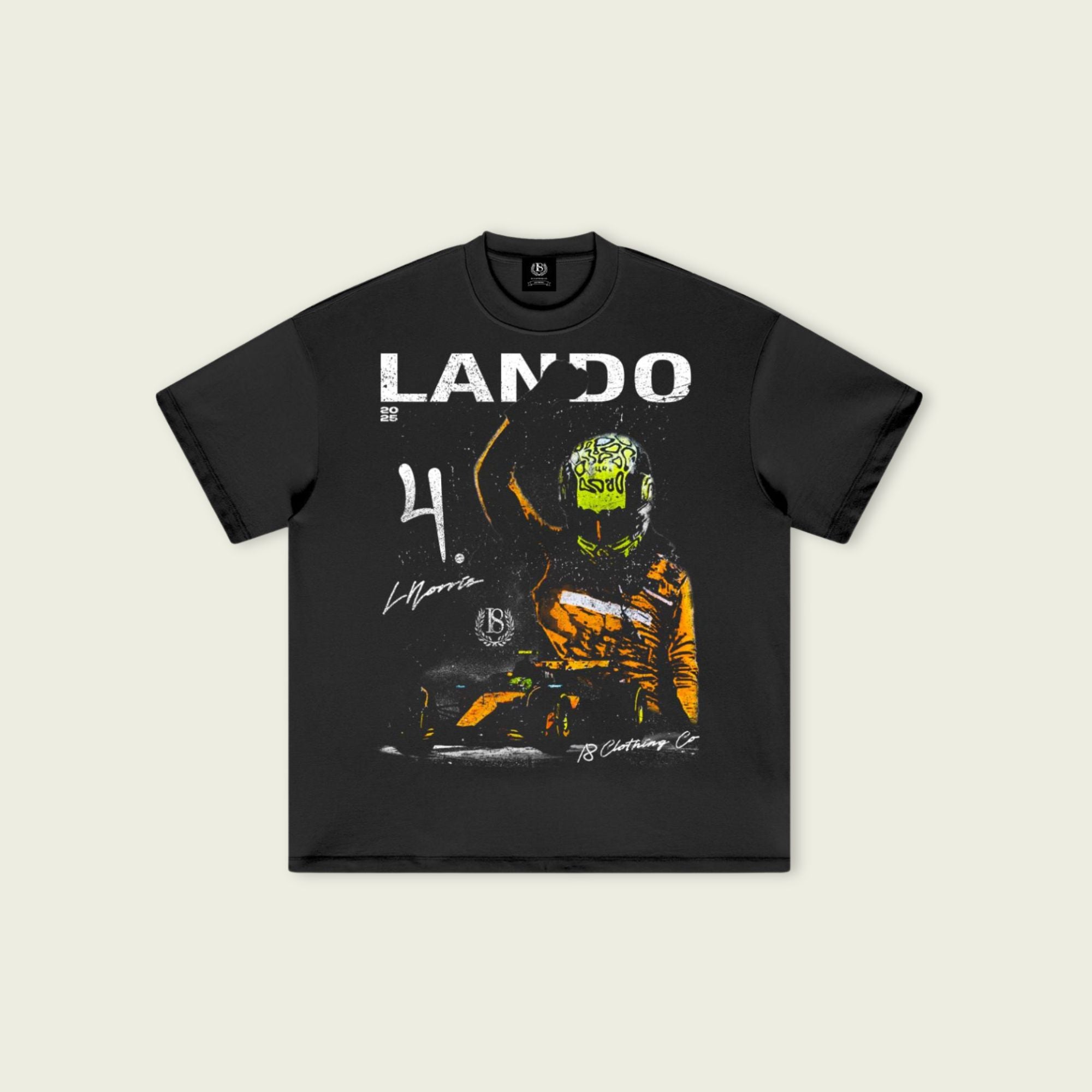 Black t-shirt with a graphic design of a person in a suit and helmet, featuring the text 'LANDO' and '4'.