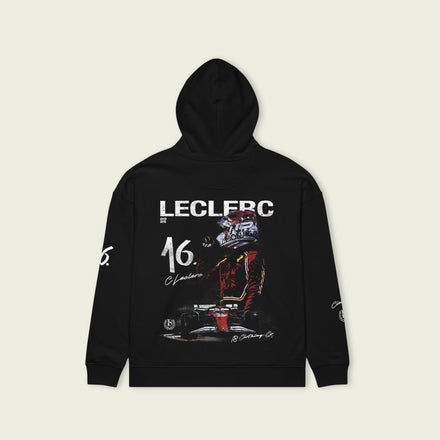 Black hoodie with Formula 1 car design and 'LECLERC' text on a beige background