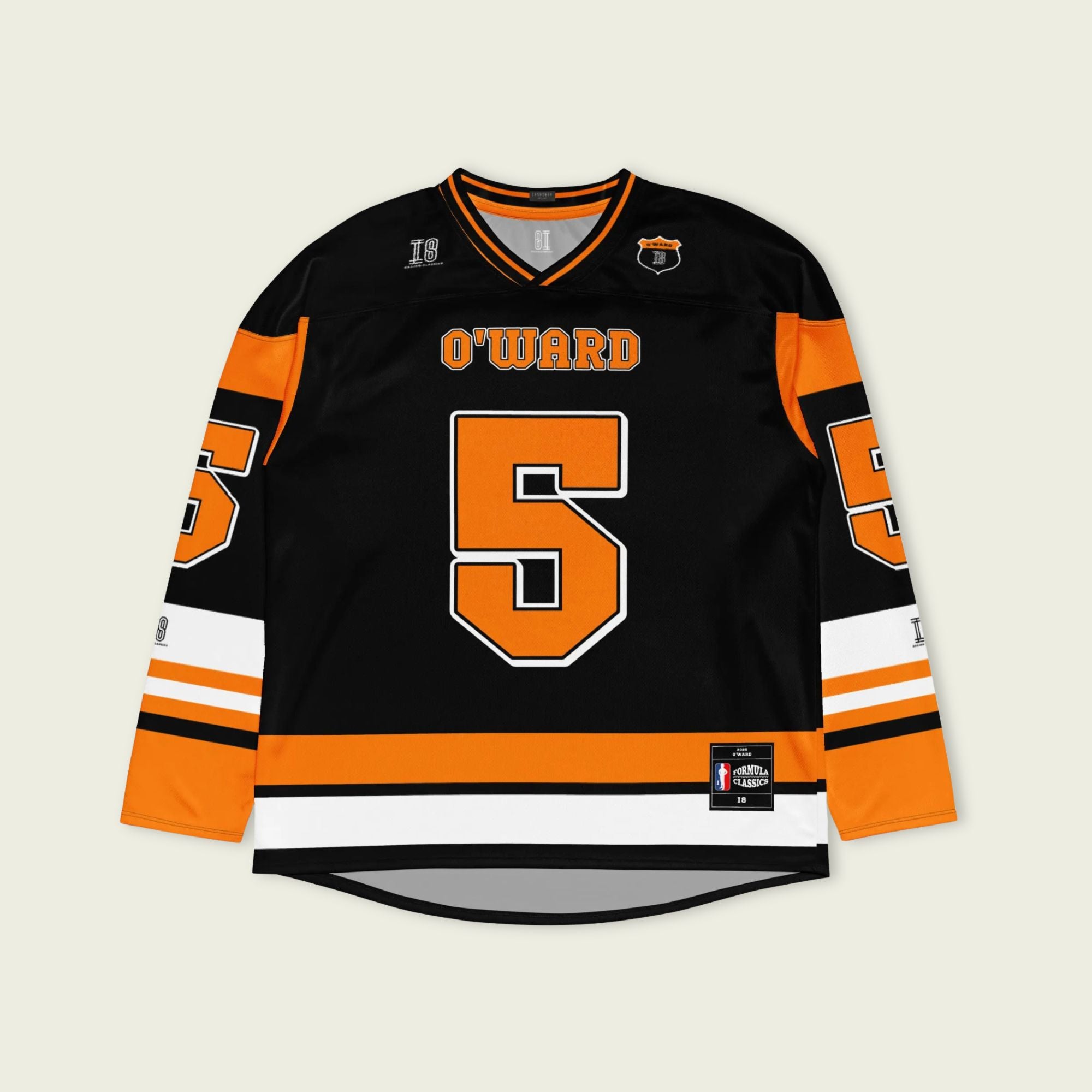 A black hockey jersey with Pato O'Ward's name and indycar racing number 5 on the front and back in orange.