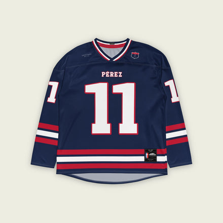 A navy blue hockey jersey with Sergio Perez's Rebull F1 racing number 11 on the front and back in white, also the name Perez is on the back and front in white.