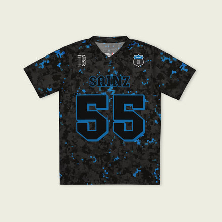 A camoflauge williams blue and black digital camo styled football jersey with  Carlos Sainz's Williams F1 Racing number 55  on the front and back.